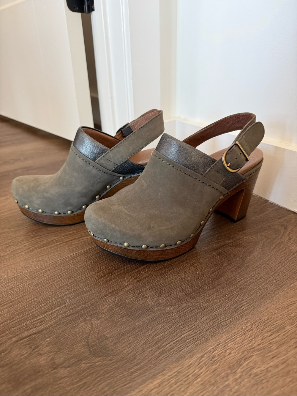 Dansko Women’s Olive Green Suede Clog Heels with Studded Trim